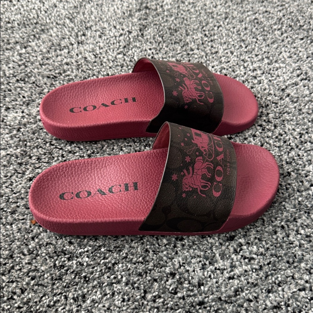 Coach Burgundy and Black Logo Slide Sandals - Picture 2 of 6